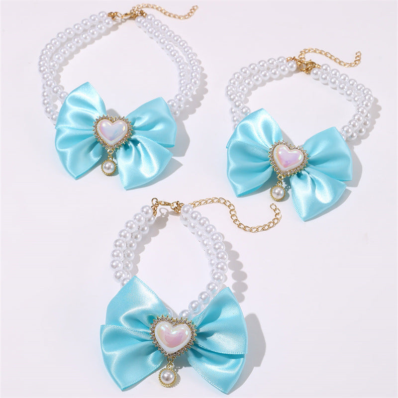 2 - PCS Cute Pet Pearl Necklace Collar with Blue Bow and Heart Charm - Size M V888-ELOSUNG22828