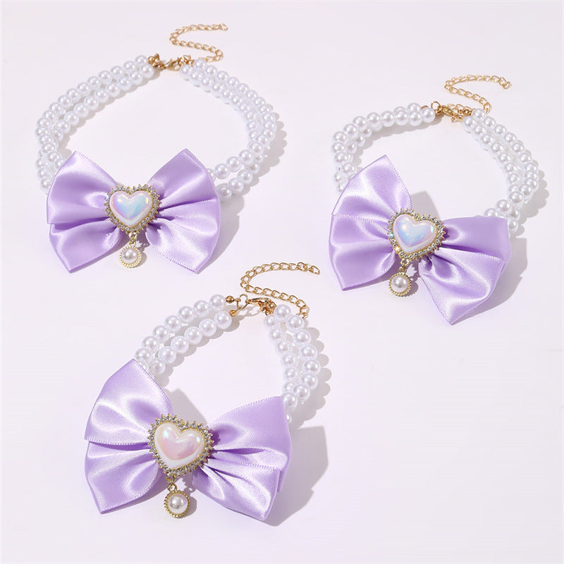 2 - PCS Cute Pet Pearl Necklace Collar with Purple Bow and Heart Charm - Size M V888-ELOSUNG22829