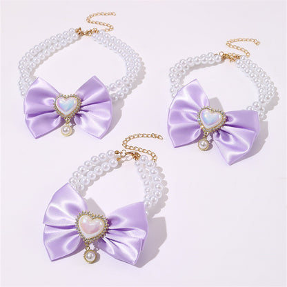 2 - PCS Cute Pet Pearl Necklace Collar with Purple Bow and Heart Charm - Size M V888-ELOSUNG22829