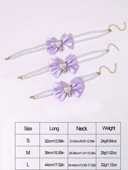 2 - PCS Cute Pet Pearl Necklace Collar with Purple Bow and Heart Charm - Size M V888-ELOSUNG22829