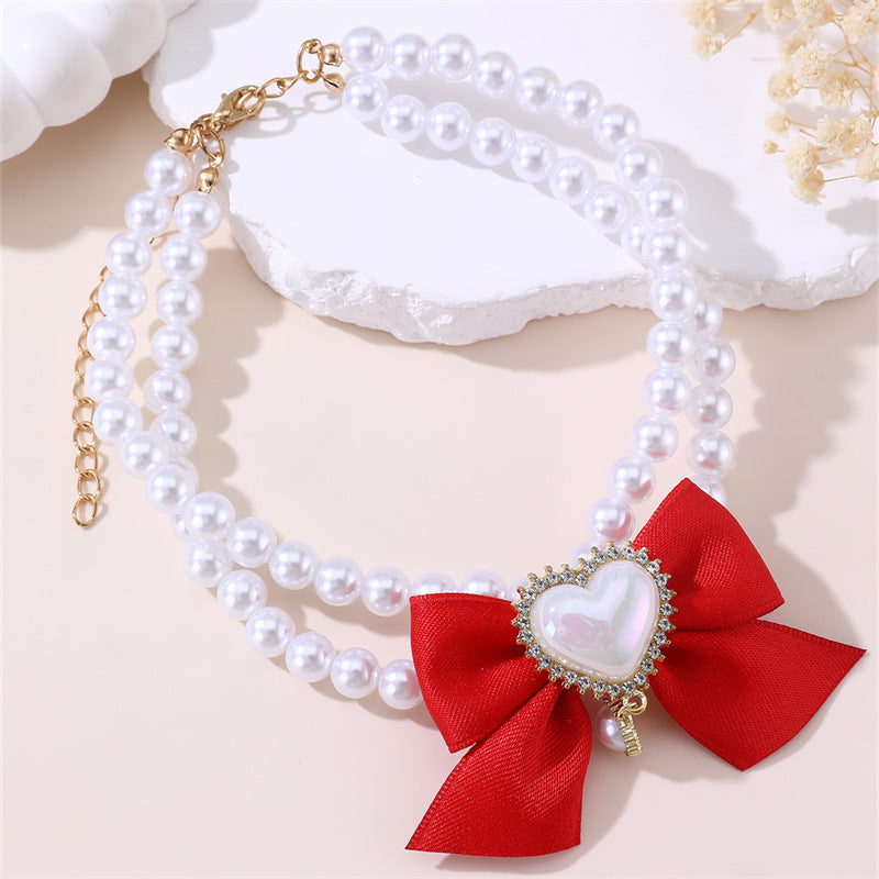 2 - PCS Cute Pet Pearl Necklace Collar with Red Bow and Heart Charm - Size M V888-ELOSUNG22830