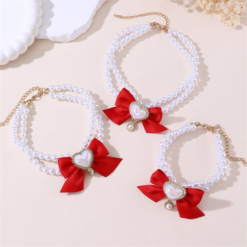 2 - PCS Cute Pet Pearl Necklace Collar with Red Bow and Heart Charm - Size M V888-ELOSUNG22830