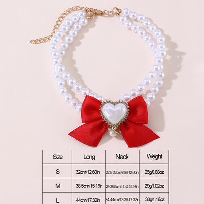 2 - PCS Cute Pet Pearl Necklace Collar with Red Bow and Heart Charm - Size M V888-ELOSUNG22830