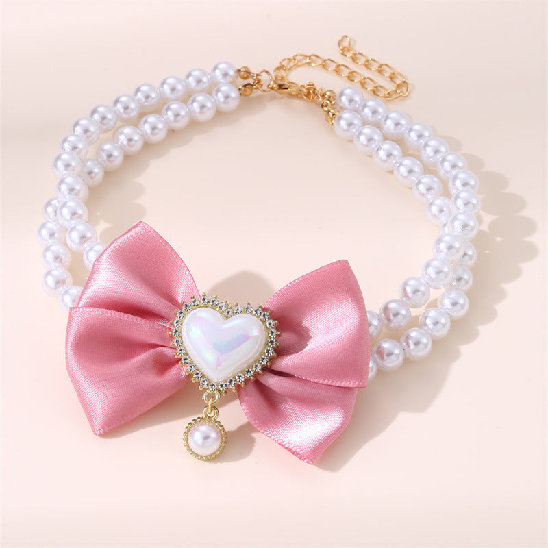 2 - PCS Cute Pet Pearl Necklace Collar with Pink Bow and Heart Charm - Size M V888-ELOSUNG22831