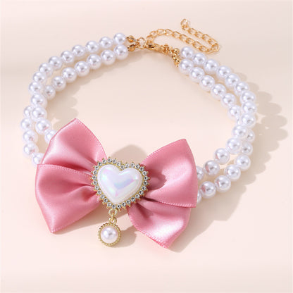 2 - PCS Cute Pet Pearl Necklace Collar with Pink Bow and Heart Charm - Size M V888-ELOSUNG22831
