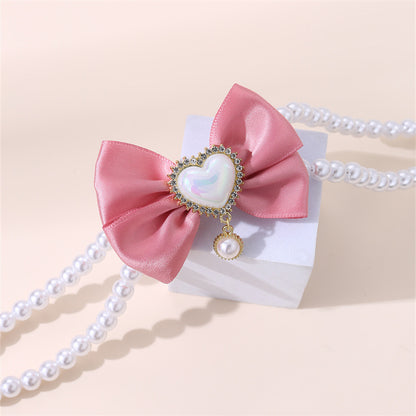2 - PCS Cute Pet Pearl Necklace Collar with Pink Bow and Heart Charm - Size M V888-ELOSUNG22831
