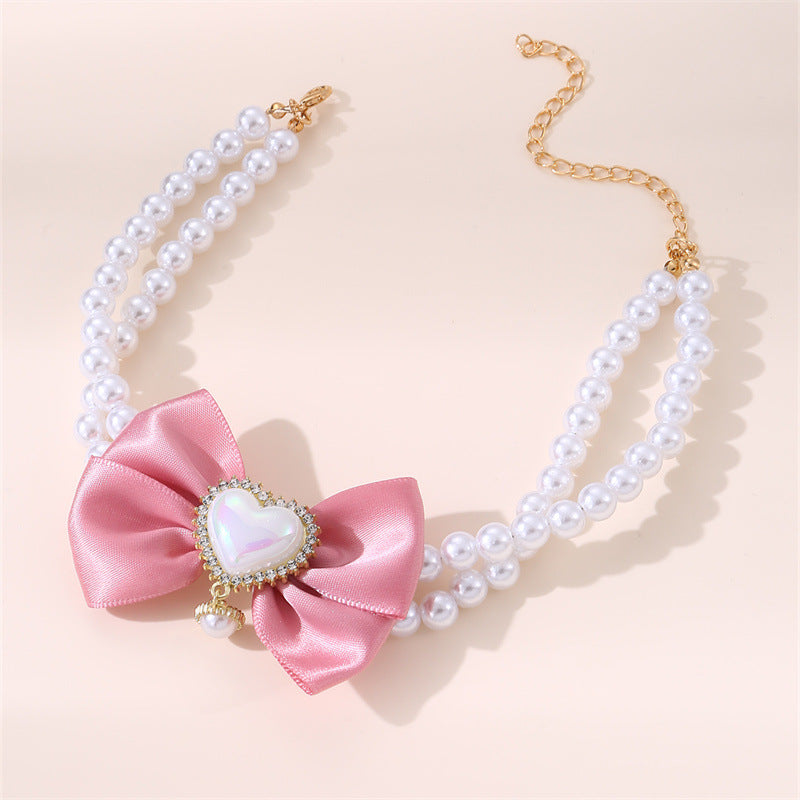 2 - PCS Cute Pet Pearl Necklace Collar with Pink Bow and Heart Charm - Size M V888-ELOSUNG22831