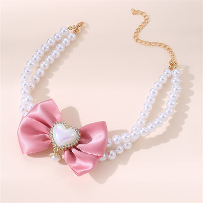 2 - PCS Cute Pet Pearl Necklace Collar with Pink Bow and Heart Charm - Size M V888-ELOSUNG22831
