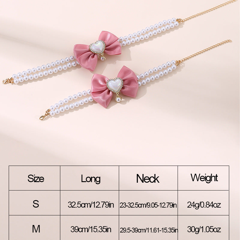 2 - PCS Cute Pet Pearl Necklace Collar with Pink Bow and Heart Charm - Size M V888-ELOSUNG22831