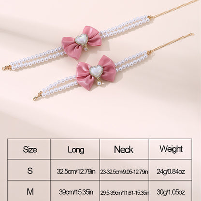 2 - PCS Cute Pet Pearl Necklace Collar with Pink Bow and Heart Charm - Size M V888-ELOSUNG22831