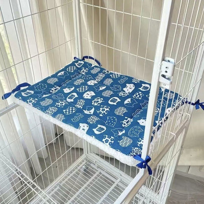 Tie-On Cat Cage Platform Pad - white cat pattern on Blue background (30x75cm) V888-ELOSUNG22835