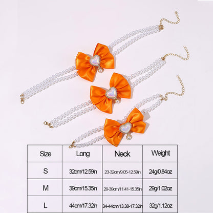 2 - PCS Cute Pet Pearl Necklace Collar with Orange Bow and Heart Charm - Size L V888-ELOSUNG22843