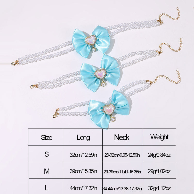 2 - PCS Cute Pet Pearl Necklace Collar with Blue Bow and Heart Charm - Size L V888-ELOSUNG22844