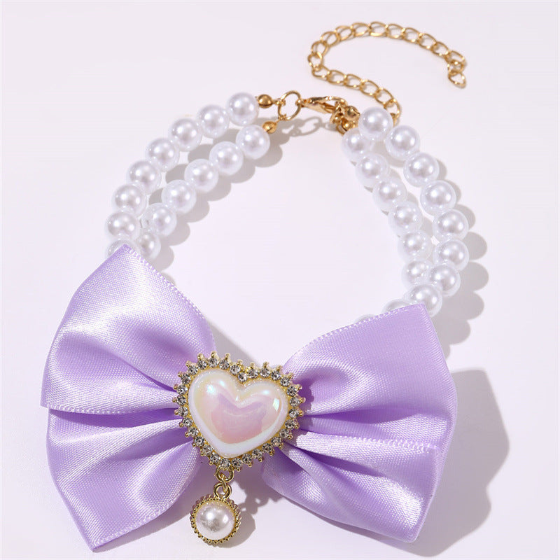 2 - PCS Cute Pet Pearl Necklace Collar with Purple Bow and Heart Charm - Size L V888-ELOSUNG22845