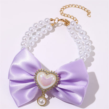 2 - PCS Cute Pet Pearl Necklace Collar with Purple Bow and Heart Charm - Size L V888-ELOSUNG22845