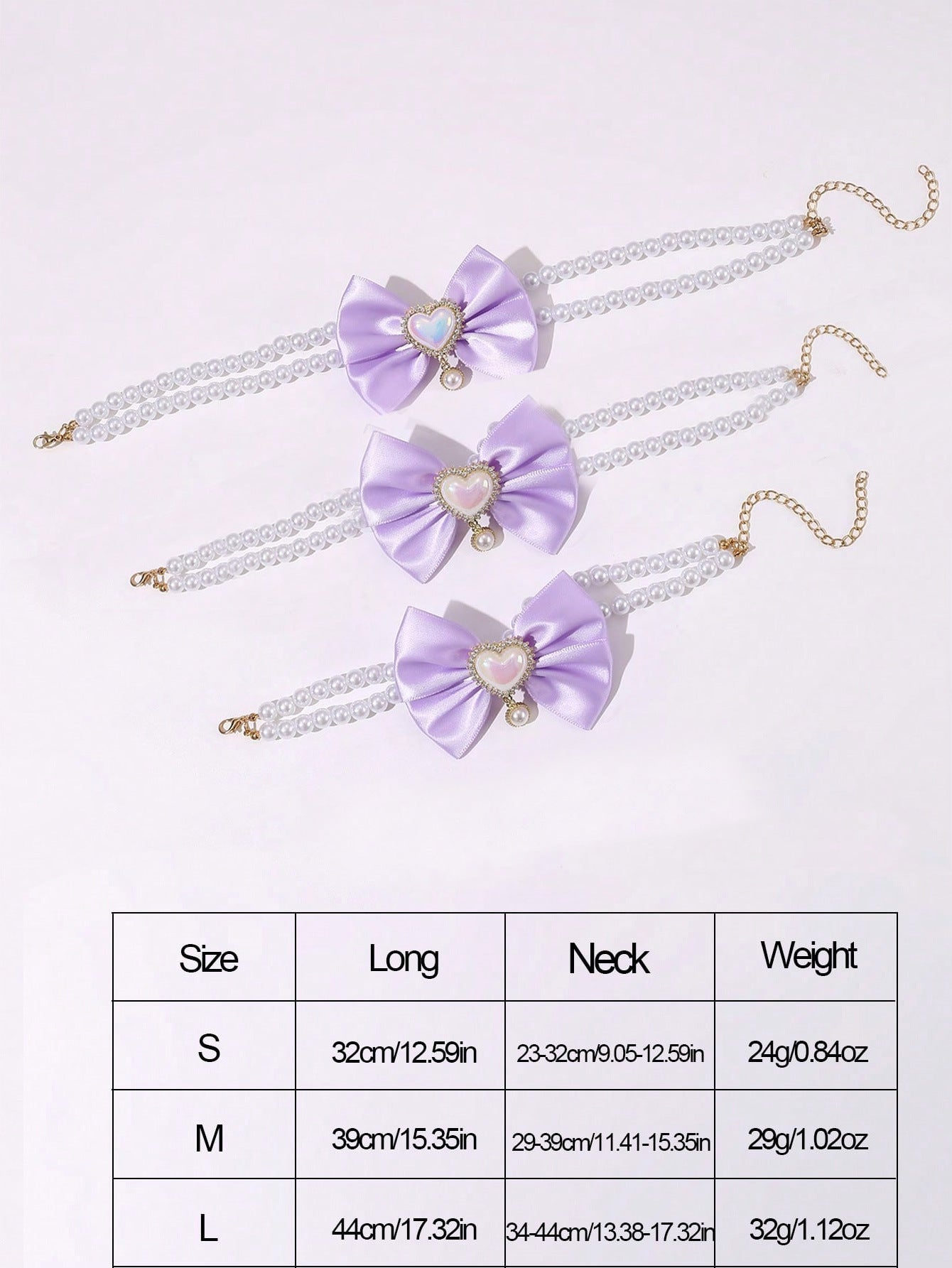 2 - PCS Cute Pet Pearl Necklace Collar with Purple Bow and Heart Charm - Size L V888-ELOSUNG22845