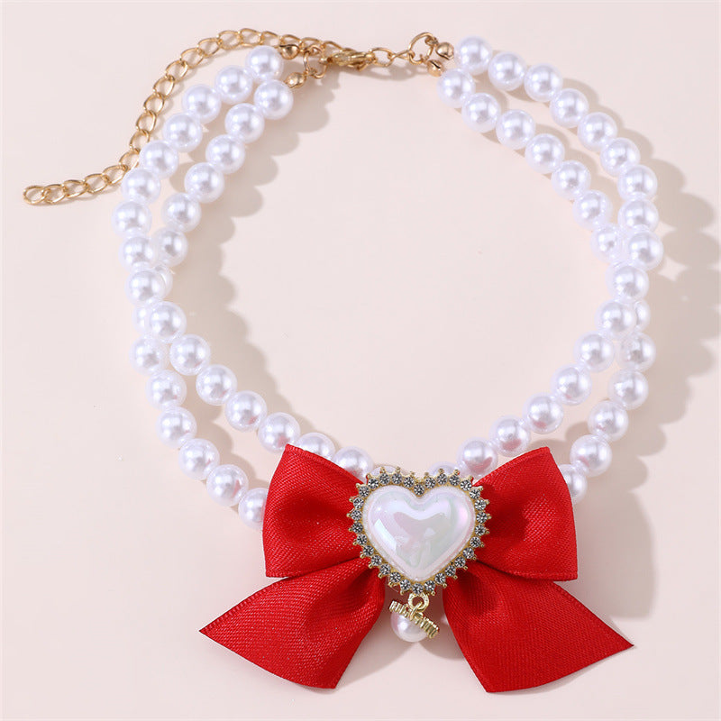 2 - PCS Cute Pet Pearl Necklace Collar with Red Bow and Heart Charm - Size L V888-ELOSUNG22846