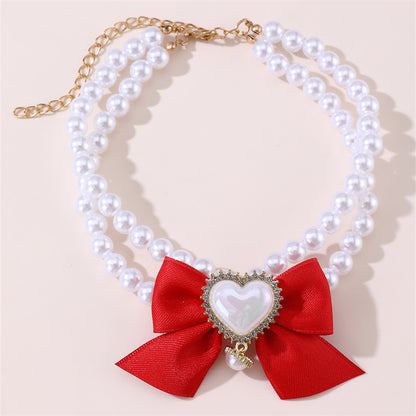 2 - PCS Cute Pet Pearl Necklace Collar with Red Bow and Heart Charm - Size L V888-ELOSUNG22846