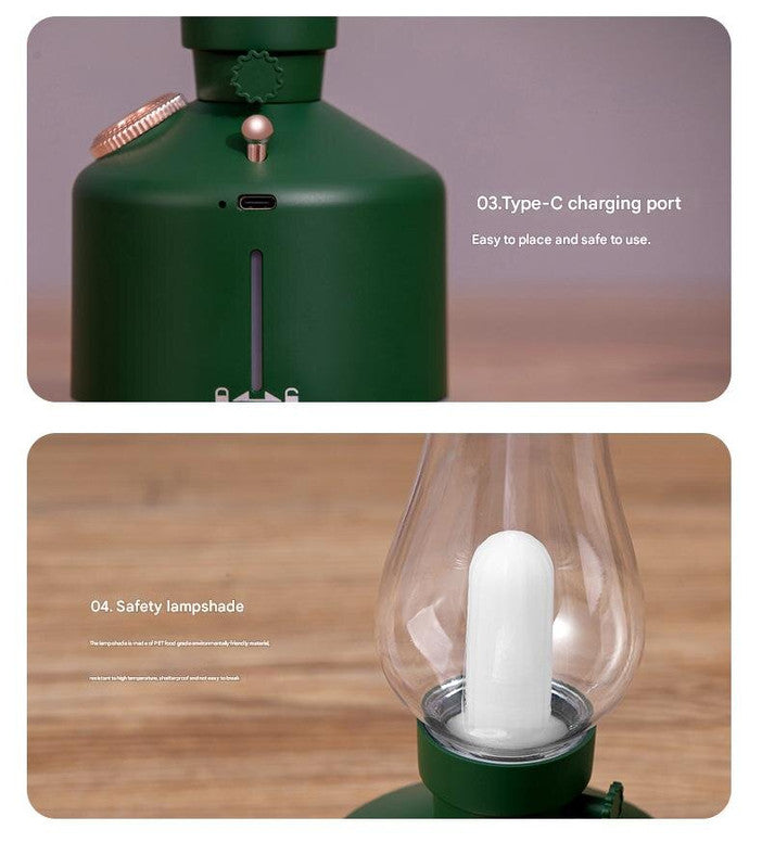 Green Retro Kerosene Lamp Humidifier - Rechargeable Cool Mist Maker with Dimmable Light V888-ELOSUNG22848