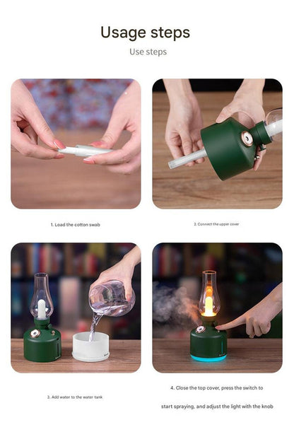Green Retro Kerosene Lamp Humidifier - Rechargeable Cool Mist Maker with Dimmable Light V888-ELOSUNG22848