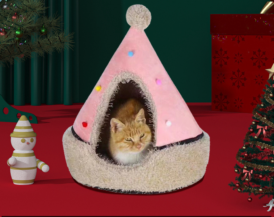 Festive Detachable Pet House - Cozy Pine Needle Wool Christmas Hat Design (S - 37x46cm) V888-ELOSUNG22863