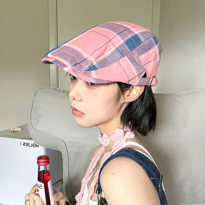 2-PCS Pink Lightweight Checkered Flat Cap - Adjustable Retro Driver Hat for Men & Women V888-ELOSUNG22873