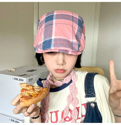 2-PCS Pink Lightweight Checkered Flat Cap - Adjustable Retro Driver Hat for Men & Women V888-ELOSUNG22873