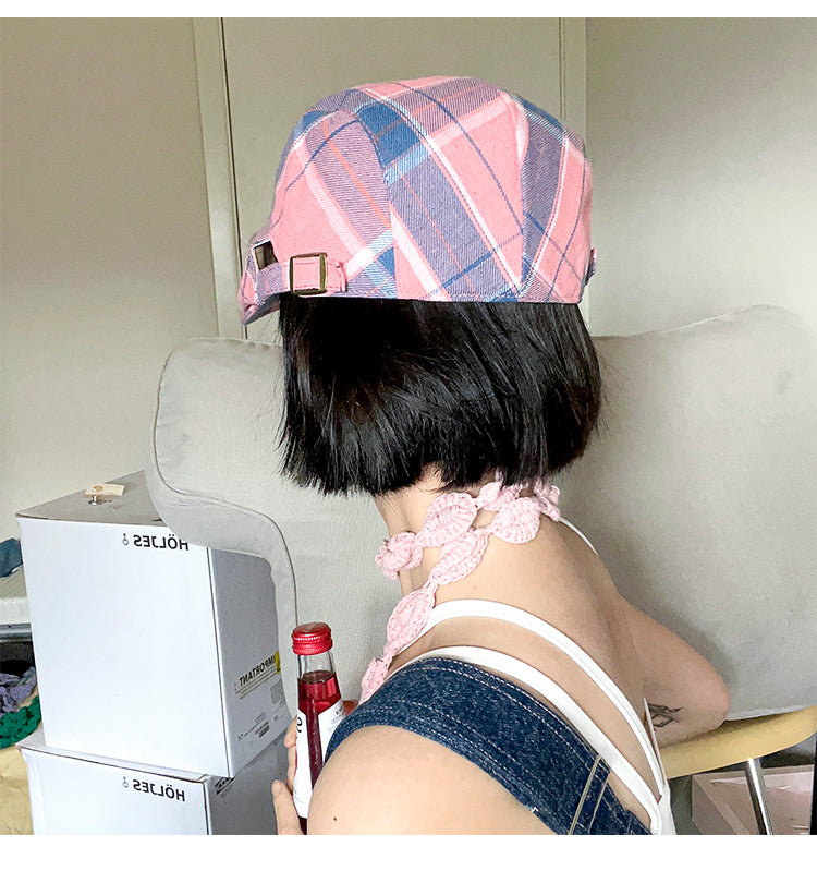 2-PCS Pink Lightweight Checkered Flat Cap - Adjustable Retro Driver Hat for Men & Women V888-ELOSUNG22873