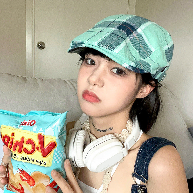 2-PCS Green Lightweight Checkered Flat Cap - Adjustable Retro Driver Hat for Men & Women V888-ELOSUNG22874