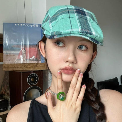 2-PCS Green Lightweight Checkered Flat Cap - Adjustable Retro Driver Hat for Men & Women V888-ELOSUNG22874