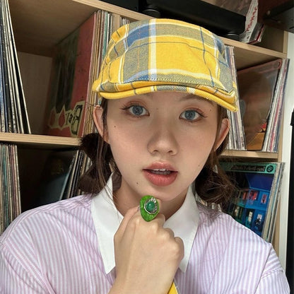 2-PCS Yellow Lightweight Checkered Flat Cap - Adjustable Retro Driver Hat for Men & Women V888-ELOSUNG22875