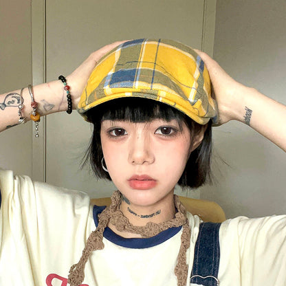 2-PCS Yellow Lightweight Checkered Flat Cap - Adjustable Retro Driver Hat for Men & Women V888-ELOSUNG22875