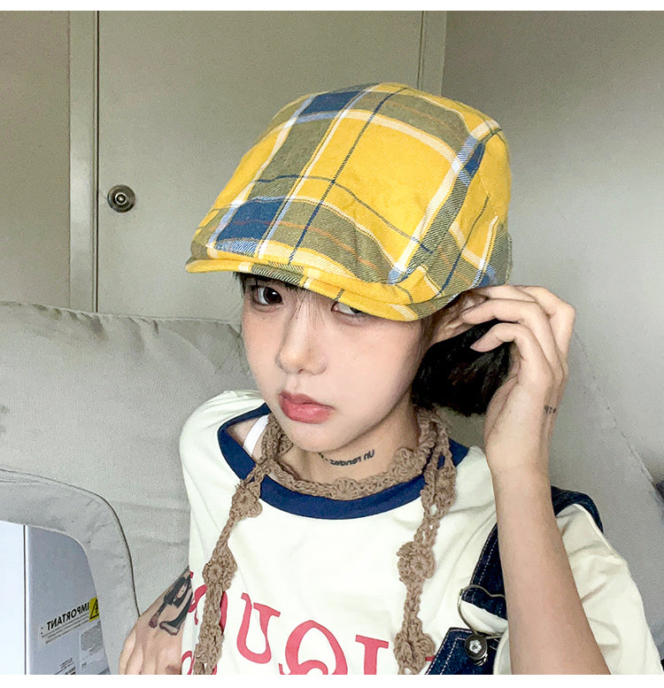 2-PCS Yellow Lightweight Checkered Flat Cap - Adjustable Retro Driver Hat for Men & Women V888-ELOSUNG22875