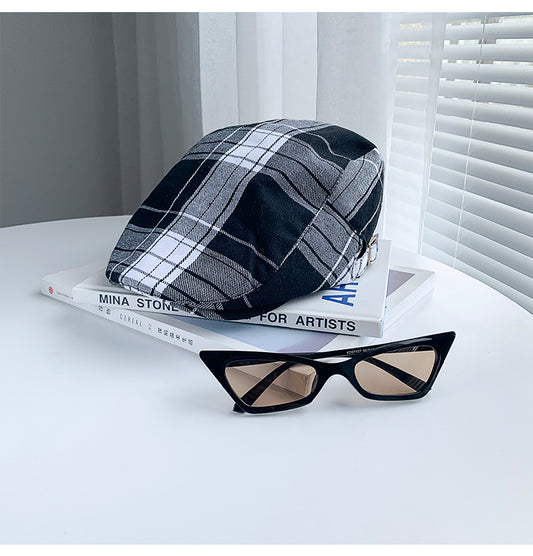2-PCS Black Lightweight Checkered Flat Cap - Adjustable Retro Driver Hat for Men & Women V888-ELOSUNG22876