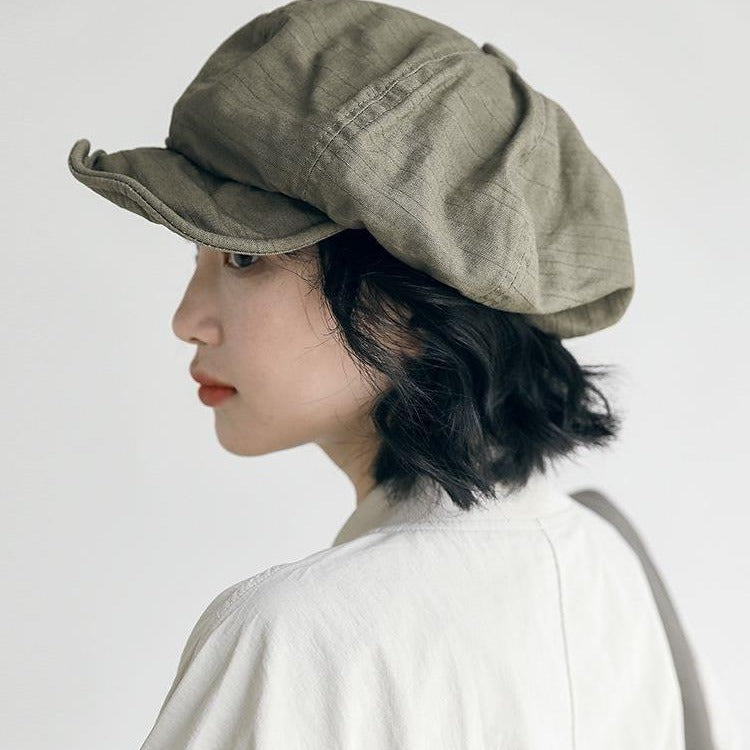 Harajuku Green Women's Vintage Style Baker Boy Cap - Soft Cotton Linen Blend V888-ELOSUNG22879
