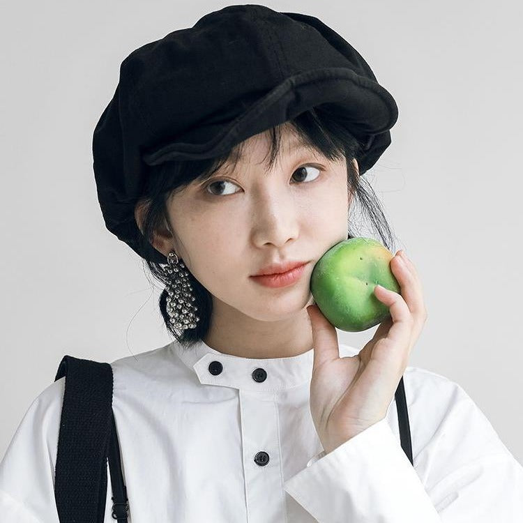 Black Women's Vintage Style Baker Boy Cap - Soft Cotton Linen Blend V888-ELOSUNG22880