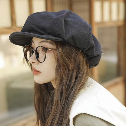Black Women's Vintage Style Baker Boy Cap - Soft Cotton Linen Blend V888-ELOSUNG22880