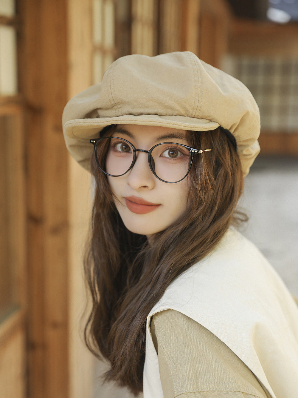 Beige Women's Vintage Style Baker Boy Cap - Soft Cotton Linen Blend V888-ELOSUNG22881