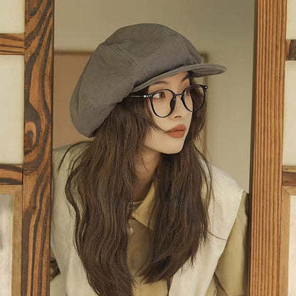 Grey Women's Vintage Style Baker Boy Cap - Soft Cotton Linen Blend V888-ELOSUNG22883