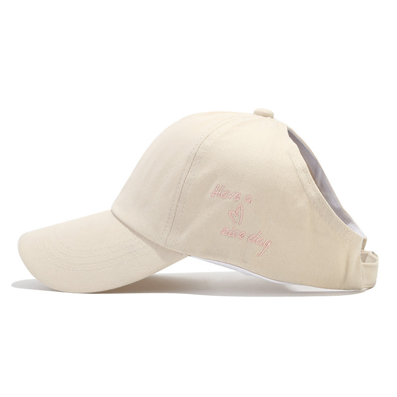 Beige Stylish Ponytail Opening Baseball Cap - Have a Nice Day" Embroidery" V888-ELOSUNG22886