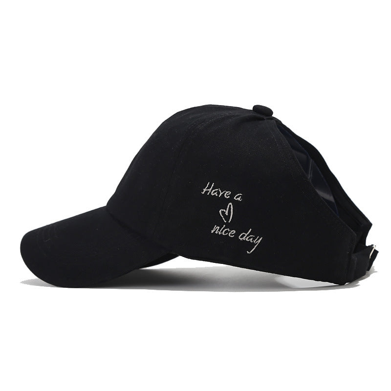 Black Stylish Ponytail Opening Baseball Cap - Have a Nice Day" Embroidery" V888-ELOSUNG22887