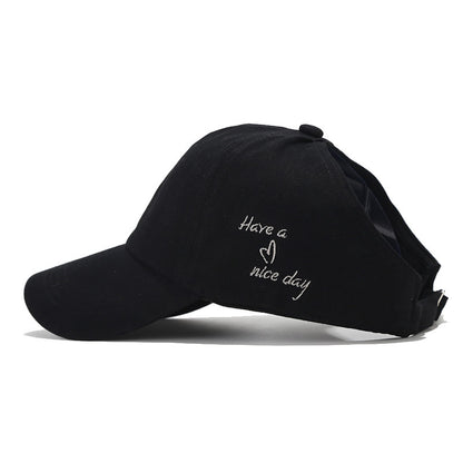 Black Stylish Ponytail Opening Baseball Cap - Have a Nice Day" Embroidery" V888-ELOSUNG22887