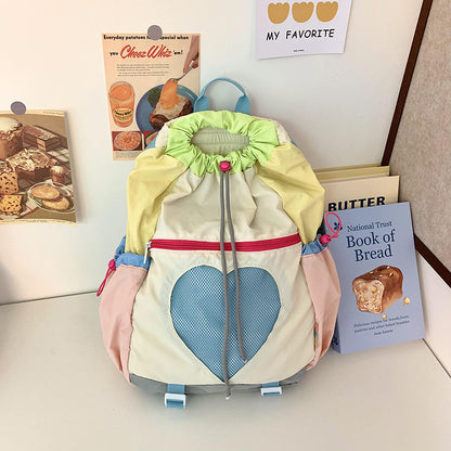 Yellow Colorblock Drawstring Backpack - Lightweight Nylon Bag with Heart Mesh Pocket V888-ELOSUNG22941