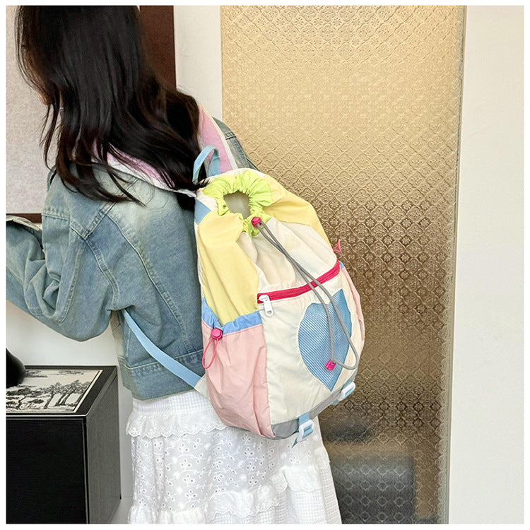 Yellow Colorblock Drawstring Backpack - Lightweight Nylon Bag with Heart Mesh Pocket V888-ELOSUNG22941