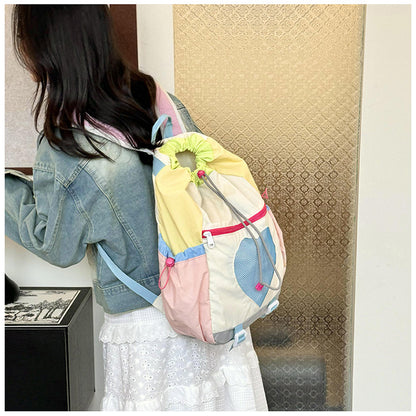 Yellow Colorblock Drawstring Backpack - Lightweight Nylon Bag with Heart Mesh Pocket V888-ELOSUNG22941