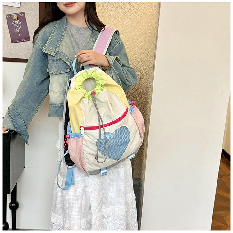 Yellow Colorblock Drawstring Backpack - Lightweight Nylon Bag with Heart Mesh Pocket V888-ELOSUNG22941