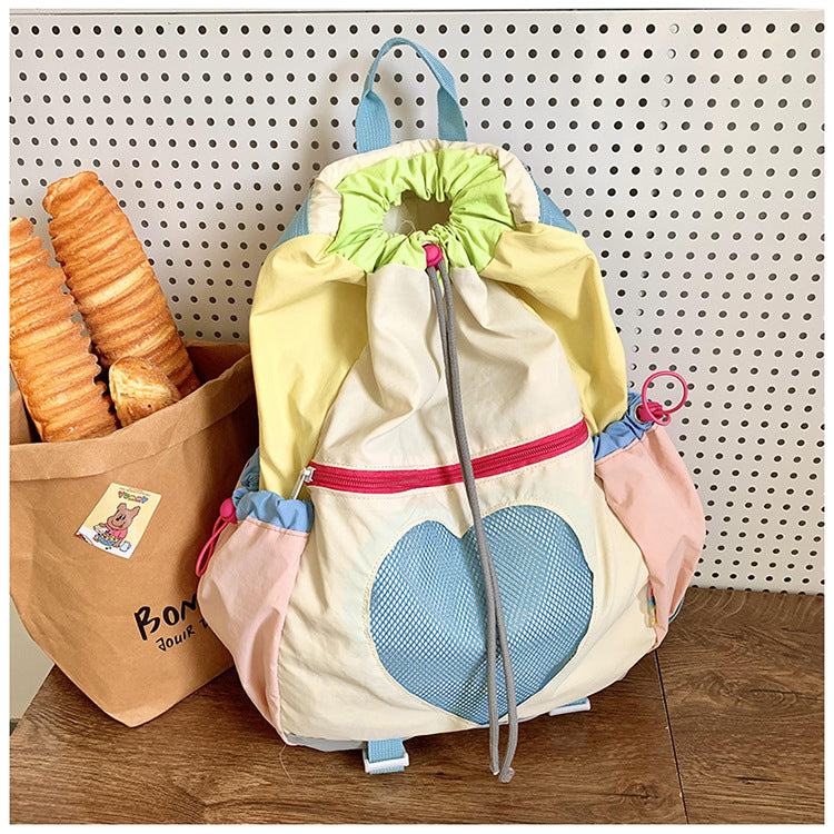 Yellow Colorblock Drawstring Backpack - Lightweight Nylon Bag with Heart Mesh Pocket V888-ELOSUNG22941