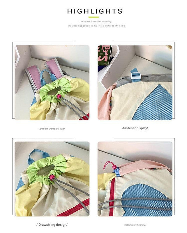 Yellow Colorblock Drawstring Backpack - Lightweight Nylon Bag with Heart Mesh Pocket V888-ELOSUNG22941