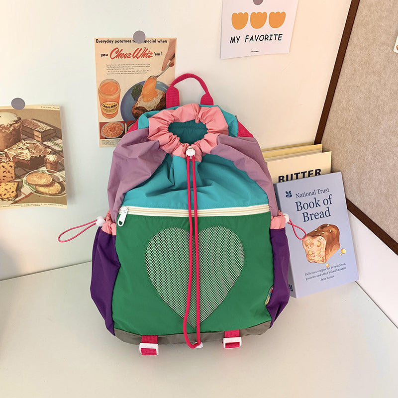 Green Colorblock Drawstring Backpack - Lightweight Nylon Bag with Heart Mesh Pocket V888-ELOSUNG22942