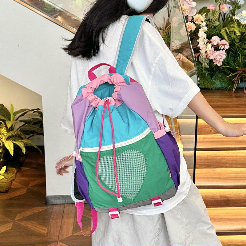 Green Colorblock Drawstring Backpack - Lightweight Nylon Bag with Heart Mesh Pocket V888-ELOSUNG22942